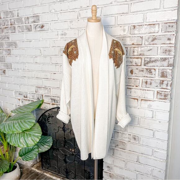 Vintage 80s Winter White Ribbed Cheetah Gold Embroidered Long Cardigan Sweater - Picture 1 of 9